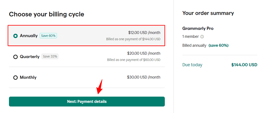 Grammarly Checkout Page